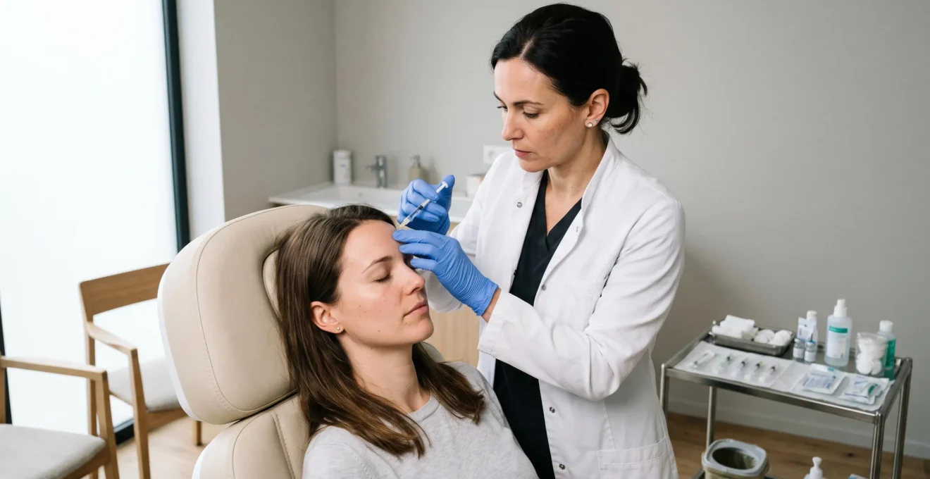 Een arts voert een injectie uit in het voorhoofd van een zittende patiënte in een moderne behandelkamer van een esthetische kliniek.