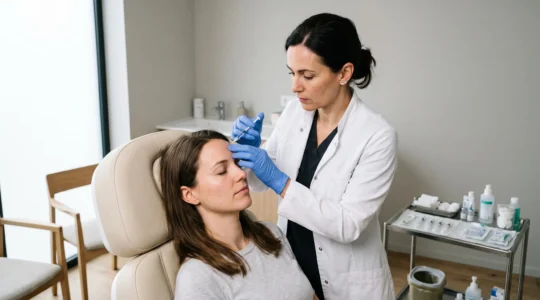Een arts voert een injectie uit in het voorhoofd van een zittende patiënte in een moderne behandelkamer van een esthetische kliniek.