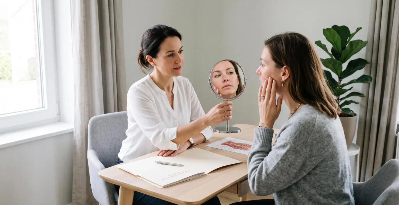 Een arts houdt een handspiegel op tijdens een consultatiegesprek met een patiënte in een lichte medische kantoorruimte.