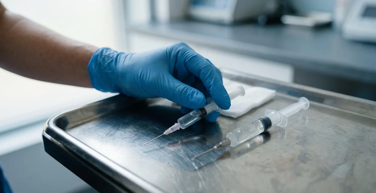 Detail van twee injectiespuiten met verschillende inhoud op een roestvrijstalen bakje in een kliniek.